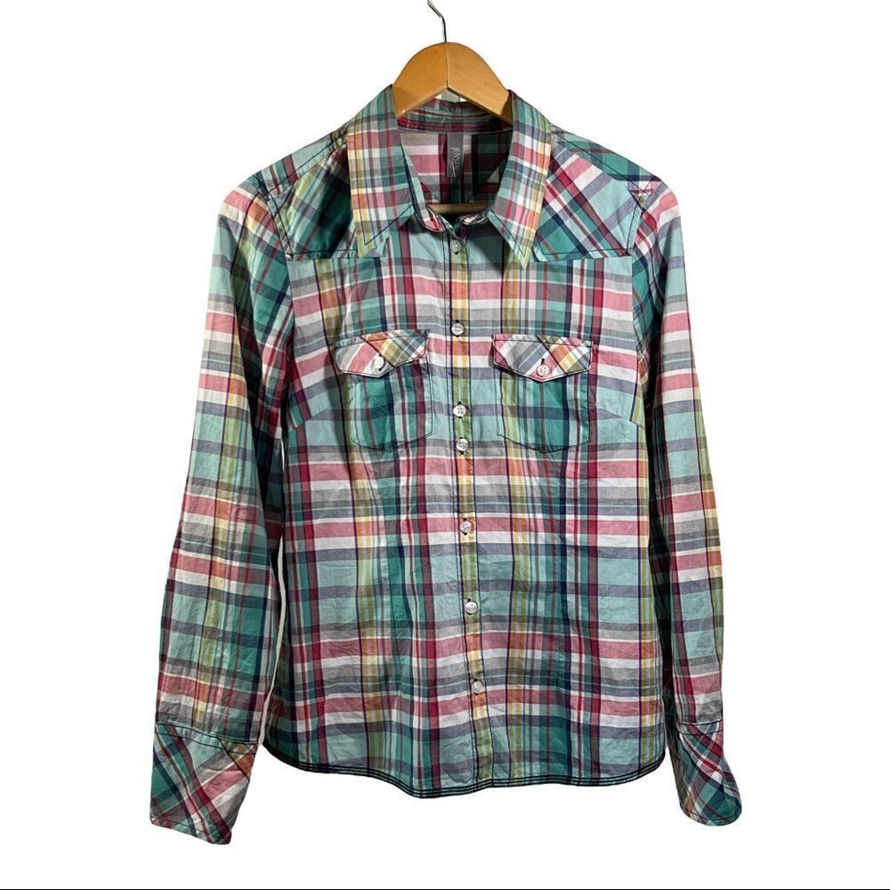 JENSEN Women’s Dessin Cotton Plaid Button Down Shirt Blue/Pink Size 38/Medium